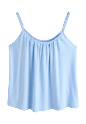 Caraco bleu clair sans manches avec bretelles fines réglables et légères fronces sous l'encolure, en tissu doux et lisse.