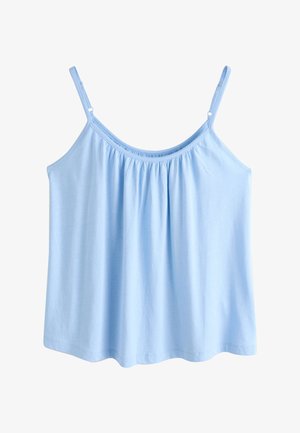 Caraco bleu clair sans manches avec bretelles fines réglables et légères fronces sous l'encolure, en tissu doux et lisse.