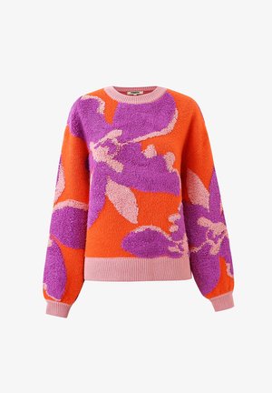 Ronde hals trui met getextureerde abstracte bloempatronen in paars en roze op een heldere oranje achtergrond, met ribgebreide manchetten en zoom.