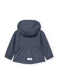 Veste enfant en bleu foncé avec capuche, manches élastiques et ourlet froncé. Tissu doux et lisse avec une petite étiquette logo au dos.
