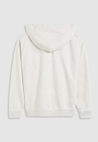 Ljusgrå hoodie med en mjuk textur, ribbade muddar och fåll, avslappnad passform och en känguruficka.