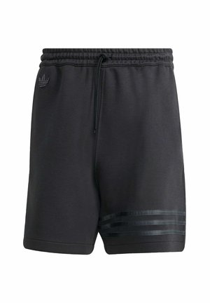 Čierne športové šortky vyrobené z mäkkého materiálu, s elastickým pásom na šnúrku a tromi lesklými pruhmi po bokoch.