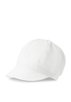 White cotton newsboy cap with a short, stiff brim and stitched band around the crown, shown on a white background.