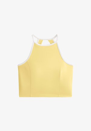 Yellow athletic crop top with a racerback design, white trim, and smooth texture. Features a simple, minimalist look with no patterns.