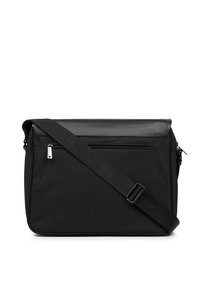 Borsa a tracolla nera realizzata in nylon liscio con pattina in pelle, dotata di tasca frontale con zip e tracolla regolabile con logo.