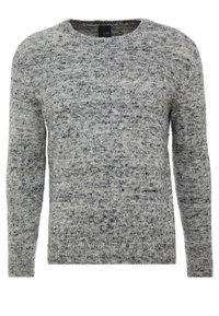 Pull en tricot gris avec un col rond, des manches longues et un tissu texturé présentant un motif moucheté dans différentes nuances de gris.