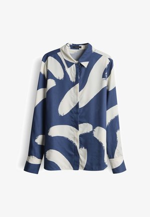 Langärmlig shirt in blauw en crème met een gedurfd penseelveegpatroon. Glad stof, klassieke kraag en knoopsluiting aan de voorkant.