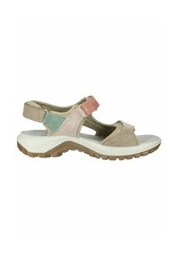 Sandal in suede beige con cinturini regolabili in teal e corallo; suola interna imbottita e suola in gomma resistente per una buona aderenza. Vista laterale.