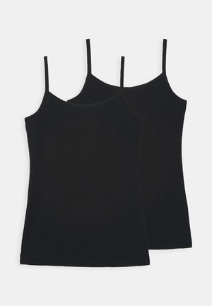 Duas camisolas pretas de algodão com alças finas, apresentando uma textura suave e um decote arredondado, desenhadas para sobrepor ou uso casual.