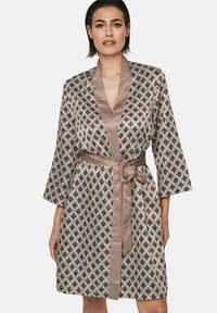 Patroonrijke gewaad van zachte stof, met een diamantdesign in zwart en beige. Het heeft een brede ceintuur en driekwartmouwen.