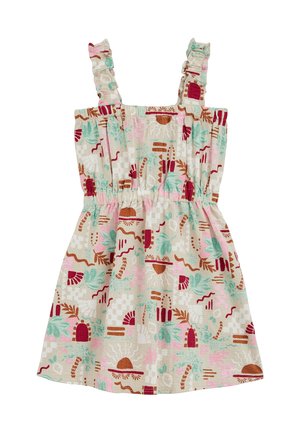 Vestido sin mangas para niño pequeño con tirantes con volantes, cintura elástica y patrones florales y geométricos abstractos y coloridos sobre un fondo beige claro.