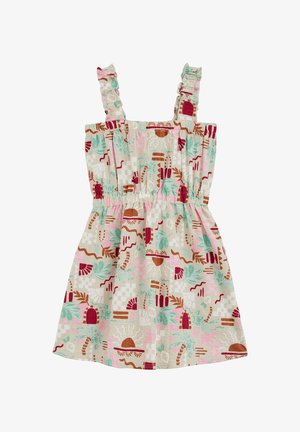 Rochiță fără mâneci pentru toddler, cu bretele cu volane, talie elastică și modele florale și geometrice abstracte colorate pe un fundal bej deschis.