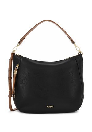 Čierna kožená kabelka s hnedým nastaviteľným ramenným popruhom, zlatým zipsom a detailom loga, zaobleným tvarom a drsnou štruktúrou.