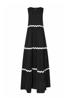 Czarna, bezrękawnikowa sukienka maxi z trzema poziomymi, białymi falistymi paskami, okrągłym dekoltem i luźną, warstwową spódnicą.