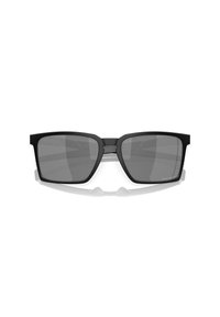 Occhiali da sole neri rettangolari con lenti grigie, caratterizzati da un design minimalista e un ponte prominente che collega le montature.