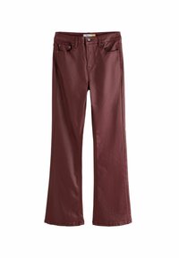 Burgundy zvonové džíny z hladké, mírně lesklé tkaniny. Mají přední kapsy, zapínání na knoflík a jemné detaily šití.