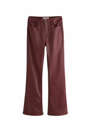 Burgundy flared jeans, made of smooth, slightly shiny fabric. Features front pockets, button closure, and subtle stitching details.