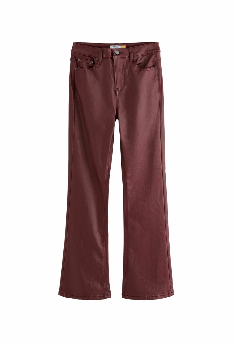 Burgundy zvonové džíny z hladké, mírně lesklé tkaniny. Mají přední kapsy, zapínání na knoflík a jemné detaily šití.
