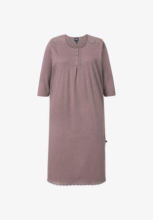 Chemise mauve avec des détails en dentelle sur les épaules, un col rond, une patte de boutonnage et un ourlet festonné. Fabriquée en tissu doux.