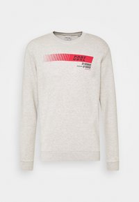 Ljusgrå sweatshirt med långa ärmar, rund hals, med röd grafisk text och linjer över framsidan. Mjuk bomullsmaterialblandning.