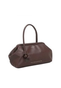 Borsa tote marrone con dettaglio a nodo sul manico, realizzata in materiale testurizzato, con testo impresso: "Ero una bottiglia, ora è la tua borsa."