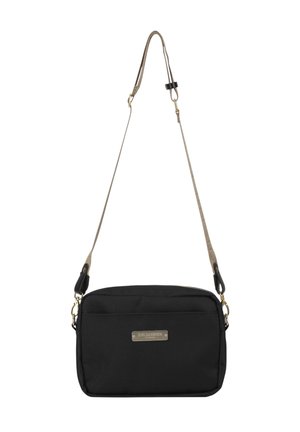 Black fabric crossbody bag with a zip closure, a gold hardware logo, and a detachable beige strap. Features one front zip pocket.