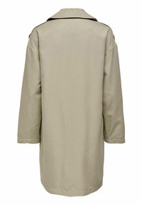 Manteau long beige avec col, manches longues et coupe droite, présenté de dos sur fond blanc.