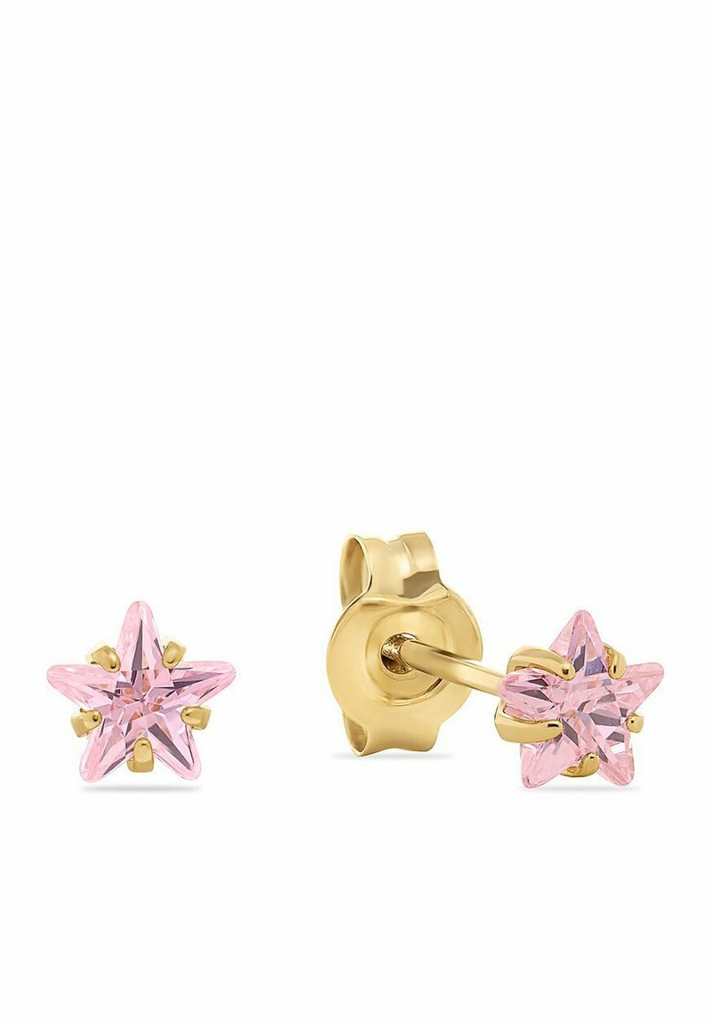 Goldfarbene Steckohrringe in Sternform, mit pinkfarbenen Kristallsteinen mit spitzen Kanten, die von sechs Krallen gehalten werden und einen sicheren Verschluss haben.