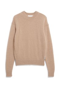 Beige gebreide trui met een ronde hals, geribbelde manchetten en zoom. Heeft een textuurstof en een klein zijlabel voor branding.