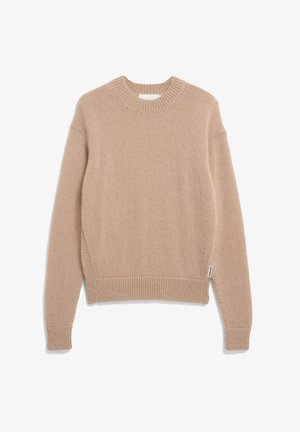 Beige gebreide trui met een ronde hals, geribbelde manchetten en zoom. Heeft een textuurstof en een klein zijlabel voor branding.