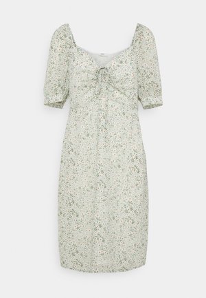 Hellgrünes knielanges Kleid mit kleinem weißem Blumenmuster, gepufften kurzen Ärmeln, quadratischem Ausschnitt und vorderer Bindeverzierung.