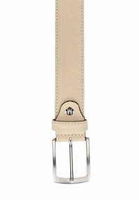 Beige Leder-Gürtel mit glatter Oberfläche, ausgestattet mit einer silbernen Metallschnalle und einem runden Hardware-Detail in der Nähe der Schnalle.