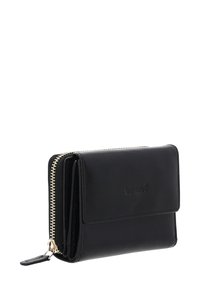Czarny skórzany portfel z detalem złotego zamka błyskawicznego, składany, z zewnętrznym logo oraz wieloma przegródkami na karty i gotówkę.