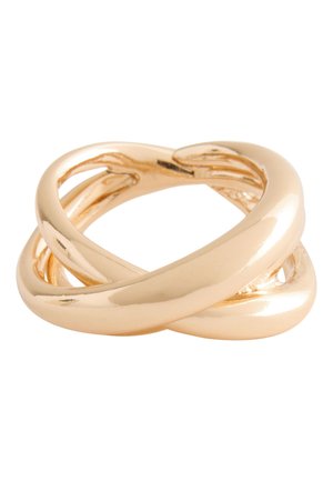 Smooth, shiny gold ring with an intertwined, twisted design forming a continuous loop against a white background.