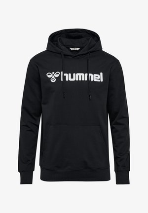 Schwarzer Hoodie aus weichem Material mit einer vorderen Tasche, featuring einem weißen Logo "hummel" auf der Brust und verstellbaren Kordeln an der Kapuze.