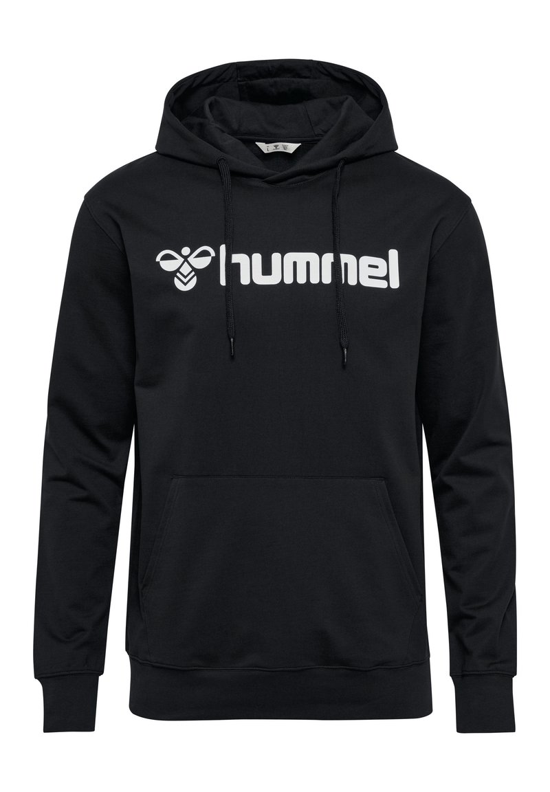 Felpa nera con cappuccio realizzata in tessuto morbido, dotata di tasca frontale, con il logo bianco "hummel" stampato sul petto e corde regolabili sul cappuccio.