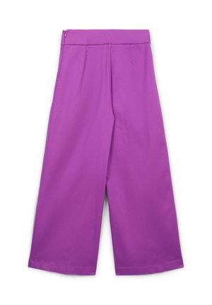 Pantalon large violet avec une texture lisse, avec des plis à la taille et une fermeture éclair à l'arrière.