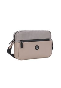 Borsa a tracolla beige e grigia con parte superiore texturizzata, parte inferiore liscia, tasca frontale con zip e tracolla regolabile. Caratterizzata da dettagli con logo del marchio.