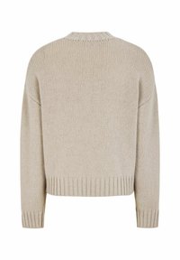 Hellbeige gestrickter Pullover mit lockerer Passform, gerippten Bündchen und Saum. Verfügt über eine feine Textur und einen runden Ausschnitt auf der Rückseite.