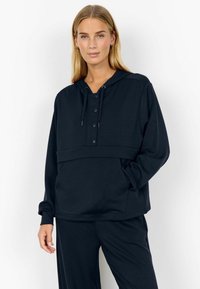 Schwarzer Kapuzenpullover mit Knopfverschluss, Kordelzug und Fronttasche. Hergestellt aus einem weichen, strukturierten Stoff, mit einer lockeren Passform.