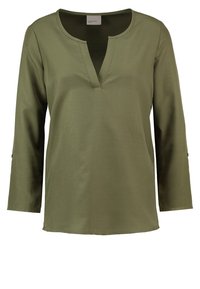 Olivengrøn bluse med V-hals, trekvartlange ærmer og et glat, let struktureret stof. Casual, lige snit.