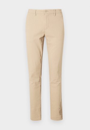 Beige cotton trousers featuring a classic fit, zip fly with button closure, belt loops, and clean hems. No visible patterns or accents.