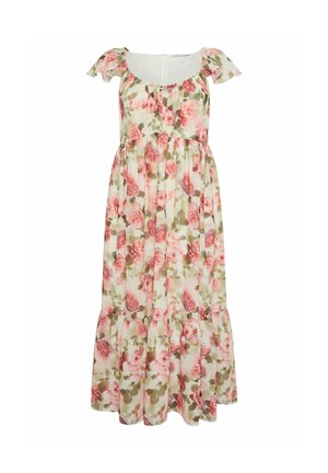 Zomerse bloemenjurk met roze rozen, groene bladeren, korte geplooide mouwtjes, vierkante halslijn en een geplooide gelaagde rok.