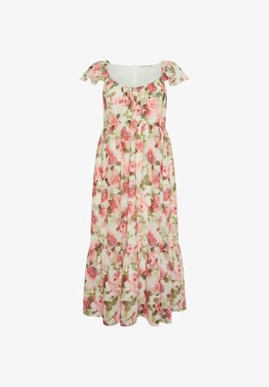 Florales Sommerkleid mit rosa Rosen, grünen Blättern, kurzen Schmetterlingsärmeln, quadratischem Ausschnitt und einem gerafften, gestuften Rock.