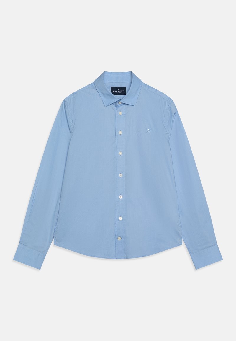 Ljusblå långärmad skjorta med krage, sju vita knappar framtill och en liten broderad logotyp på vänster bröst.