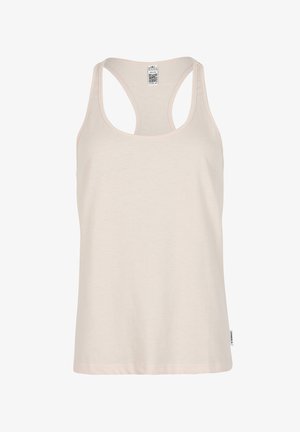 Vaalean beige hihaton paita, joka on valmistettu pehmeästä kankaasta, jossa on pyöreä pääntie ja urheilullinen selkäosa. Ei näkyviä kuvioita; etiketti sivusaumassa.