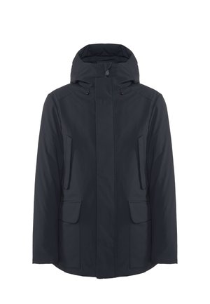 Giacca impermeabile blu navy con cappuccio, zip frontale e due tasche anteriori. Caratterizzata da un tessuto elegante e liscio con design minimalista.