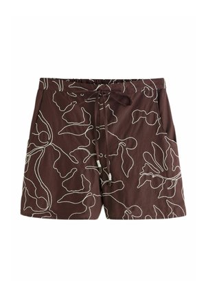 Brown shorts with white abstract floral embroidery, elastic waistband with drawstring, two side pockets, and a relaxed fit design.