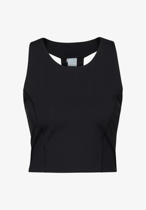 Fekete, rövidített sportmellény kerek nyakkivágással és versenyháton. Sima, rugalmas anyagból készült, kontrasztos varrási részletekkel.