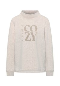 Světle šedá mikina s vysokým límcem, se textem "CALM & COZY" v texturovaném metalickém provedení. Měkká, hladká tkanina.